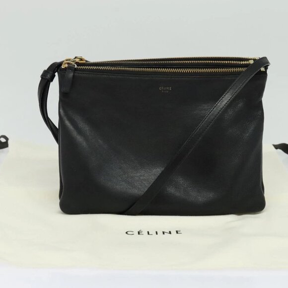 CELINE Trio bag Shoulder Bag Leather Black Gold Auth - Picture 1 of 16